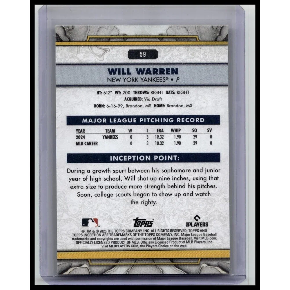 2025 Topps Inception Will Warren #59 New York Yankees Yellow Rookie #/199